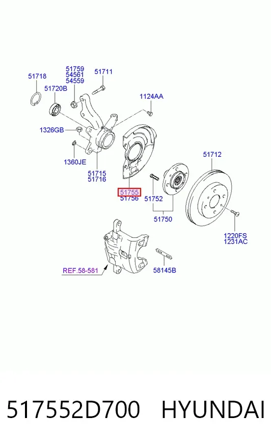Protector del disco de freno delantero izquierdo 517552D700 Hyundai/Kia