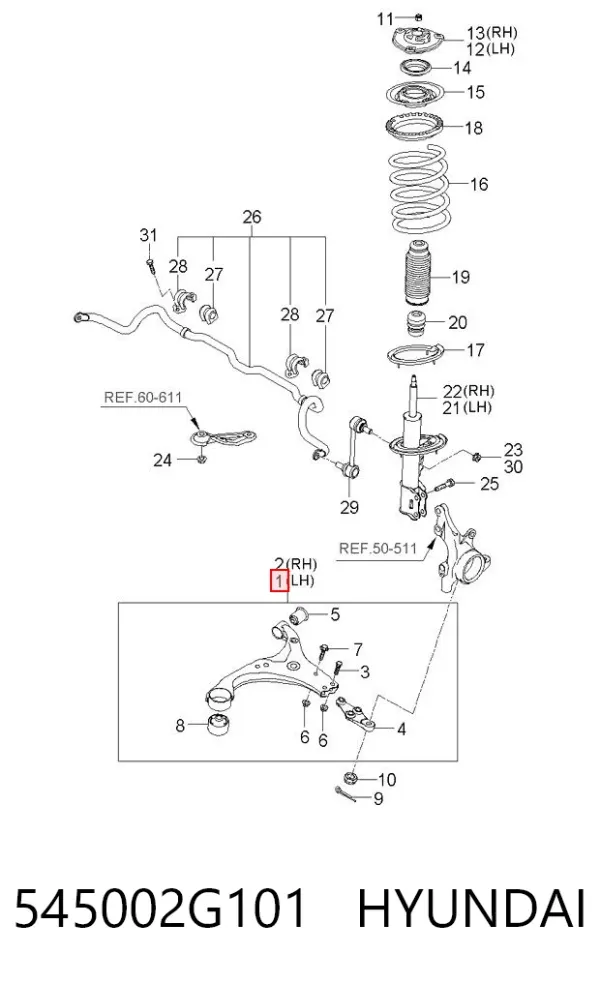 Brazo inferior izquierdo de la suspensión delantera 545002G101 Hyundai/Kia