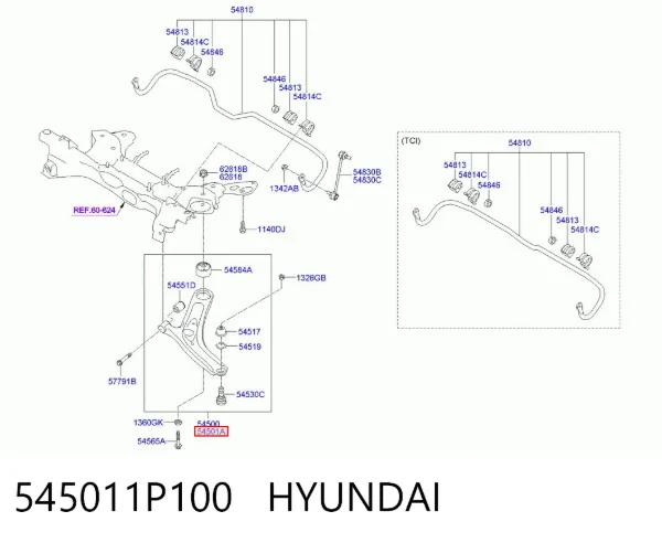 Brazo inferior derecho de la suspensión delantera 545011P100 Hyundai/Kia