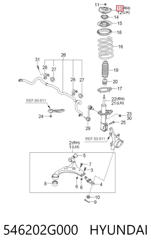 Soporte del amortiguador delantero derecho 546202G000 Hyundai/Kia