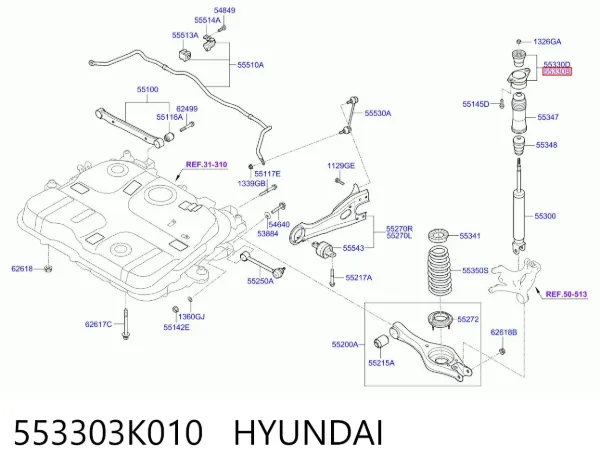 Soporte del amortiguador trasero izquierdo 553303K010 Hyundai/Kia
