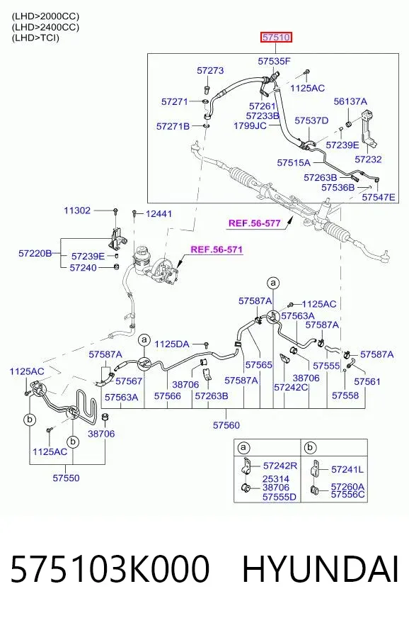 Manguera de alta presion de direccion, hidráulica 575103K000 Hyundai/Kia