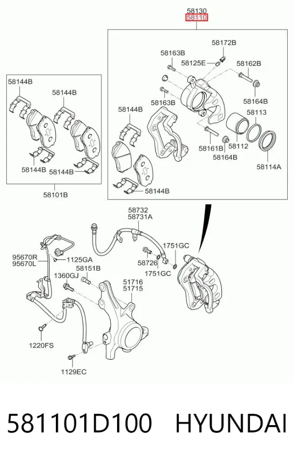 Pinza de freno delantera izquierda 581101D100 Hyundai/Kia