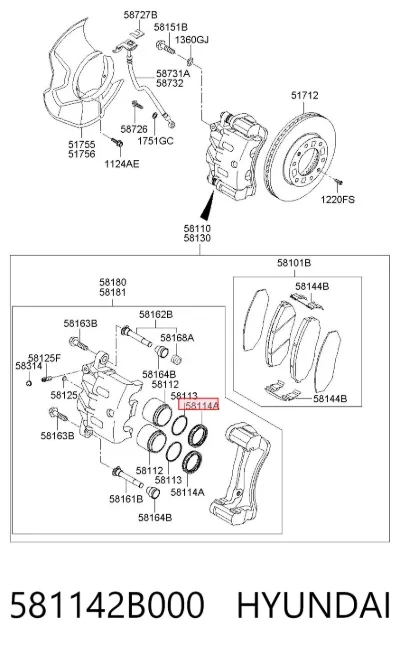 Retén de la pinza de freno delantero HYUNDAI 581142B000
