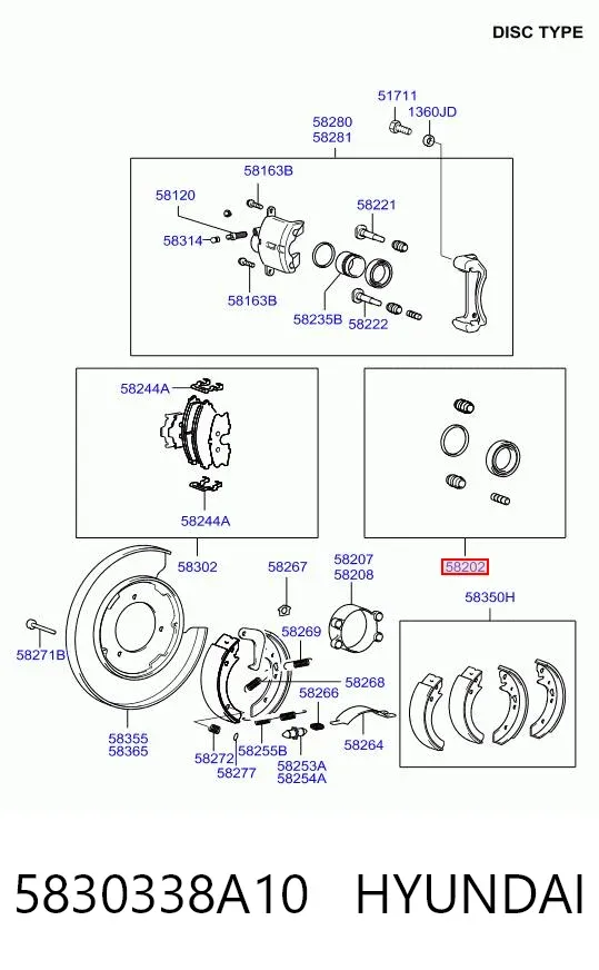 Kit de reparación de pinzas de freno trasero 5830338A10 Hyundai/Kia