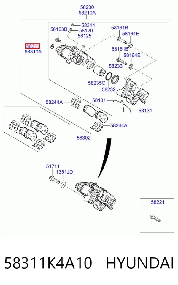 Pinza de freno trasera derecha 58311K4A10 Hyundai/Kia