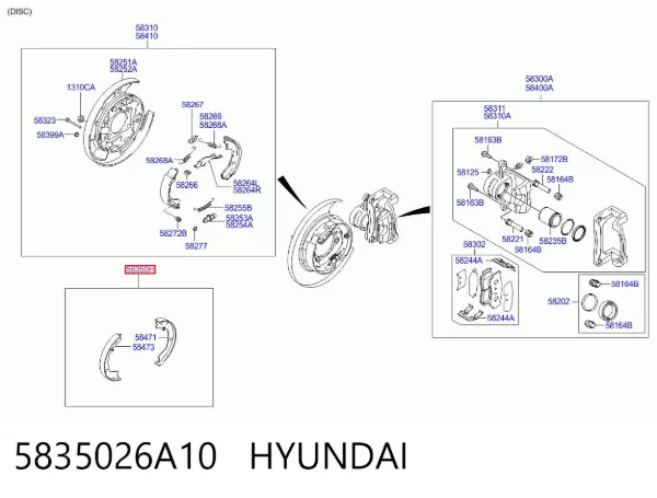 Zapatas de freno de mano 5835026A10 Hyundai/Kia