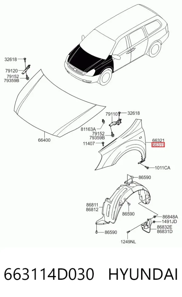 Aleta delantera izquierda 663114D030 Hyundai/Kia