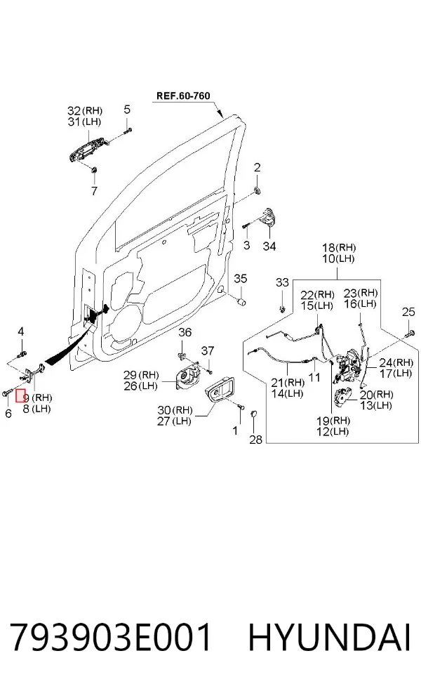 Limitador de apertura de puerta delantera derecha 793903E001 Hyundai/Kia