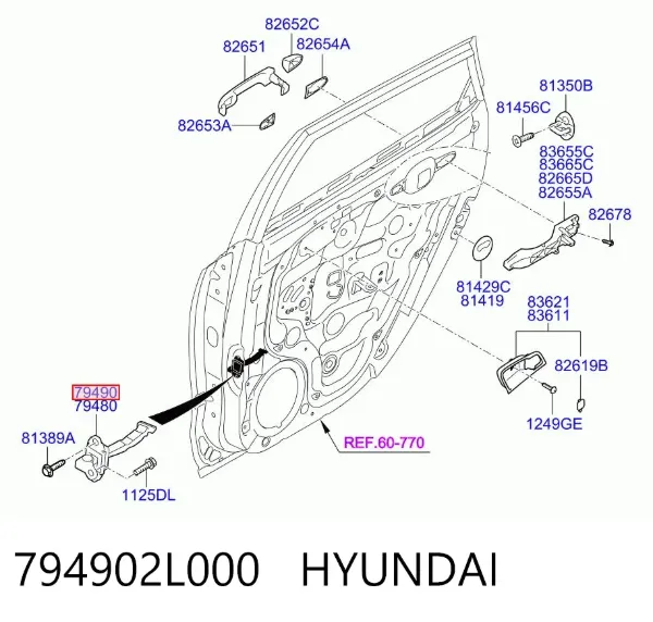 Limitador de apertura de puerta trasera derecha 794902L000 Hyundai/Kia