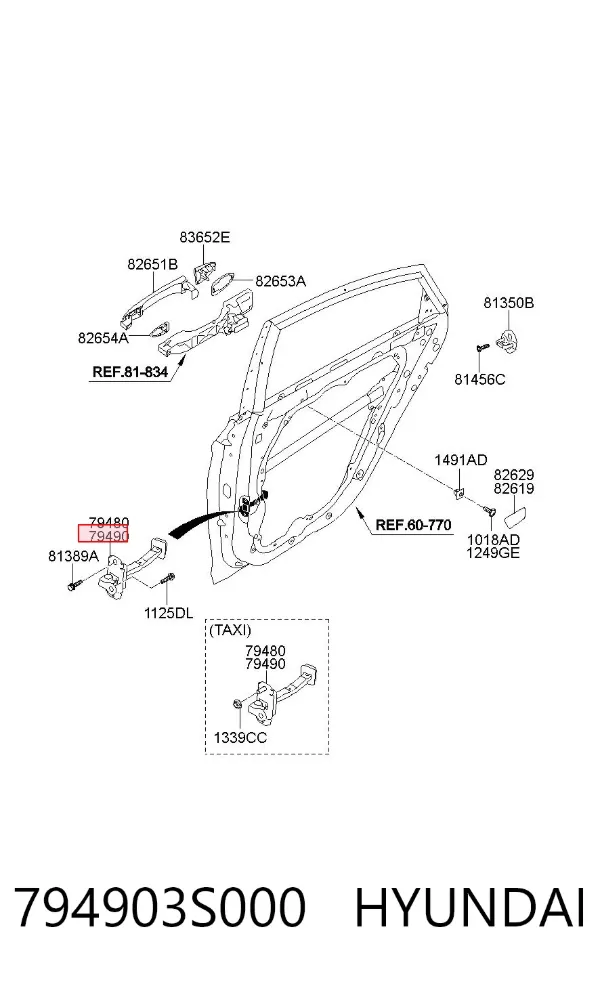 Limitador de apertura de puerta trasera derecha 794903S000 Hyundai/Kia