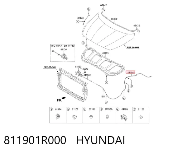 Cable de apertura del capó trasero 811901R000 Hyundai/Kia
