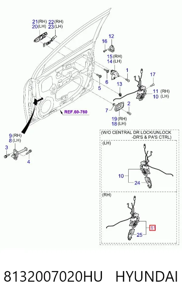 Cerradura de puerta delantera derecha 8132007020HU Hyundai/Kia