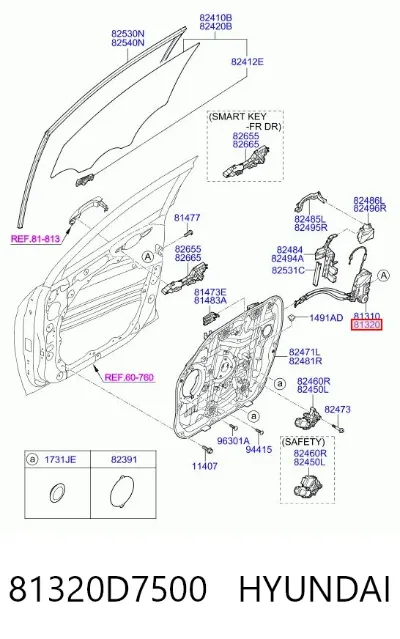 Cerradura de puerta delantera derecha HYUNDAI 81320D7500