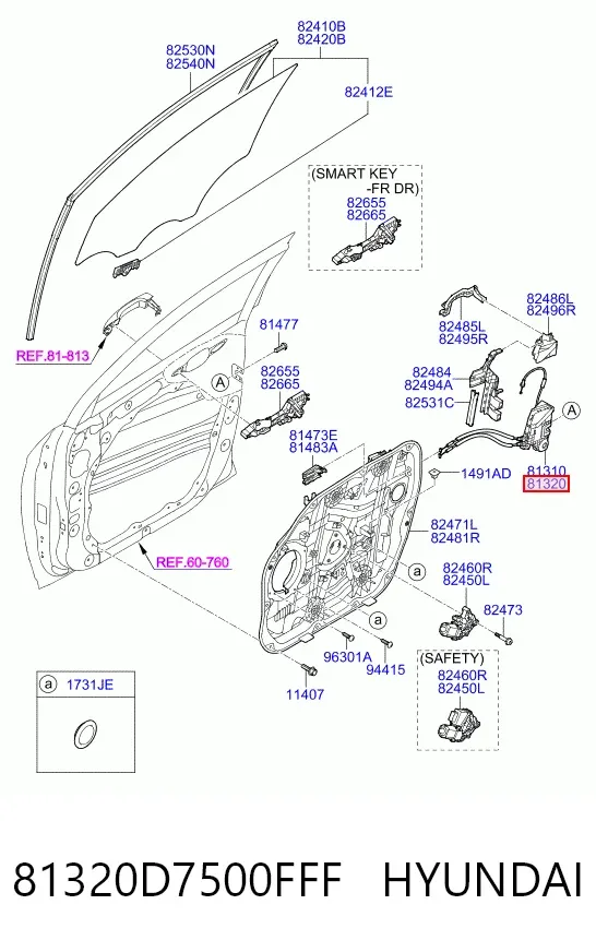 Cerradura de puerta delantera derecha 81320D7500FFF Hyundai/Kia