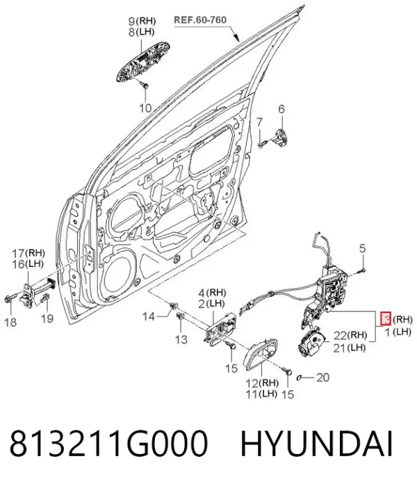 Cerradura de puerta delantera derecha 813211G000 Hyundai/Kia