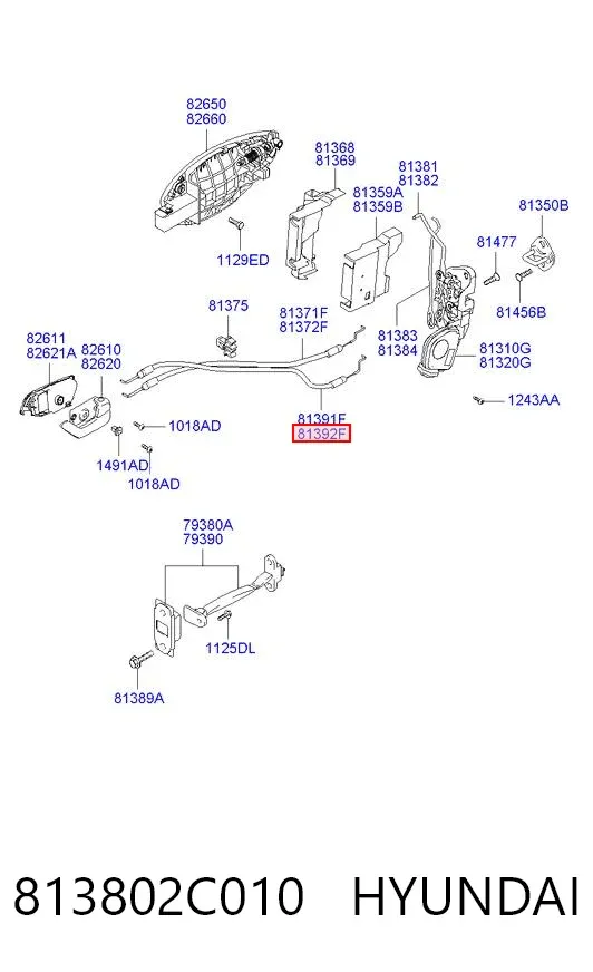 Cable de apertura de cerradura de puerta delantera derecha 813802C010 Hyundai/Kia