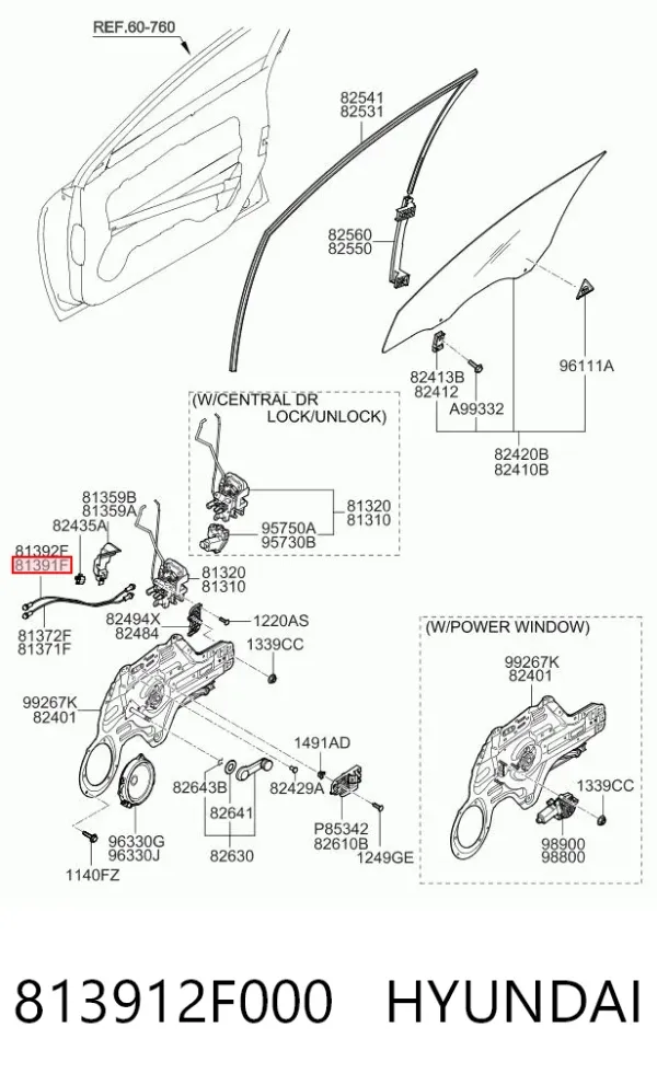 Cable de apertura de cerradura de puerta delantera izquierda 813912F000 Hyundai/Kia