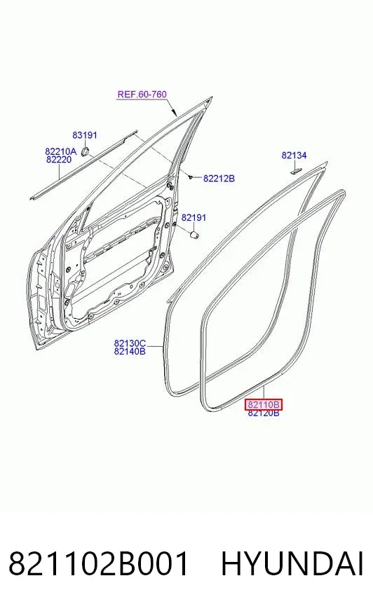 Junta de puerta delantera izquierda (en carrocería) 821102B001 Hyundai/Kia