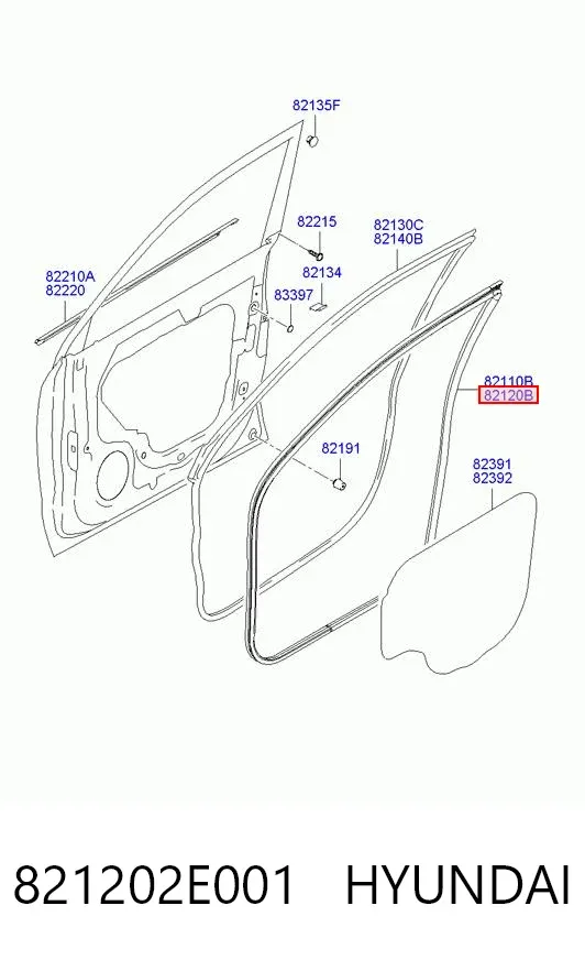 Junta de puerta delantera derecha (en la carrocería) 821202E001 Hyundai/Kia