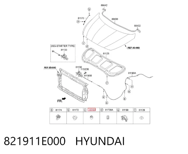 Tope del capó 821911E000 Hyundai/Kia