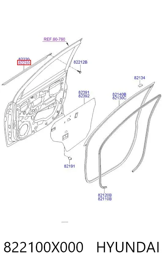 Moldura de cristal de la puerta delantera izquierda 822100X000 Hyundai/Kia