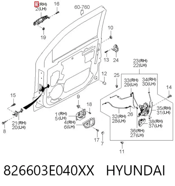 Manija exterior derecha de puerta delantera 826603E040XX Hyundai/Kia