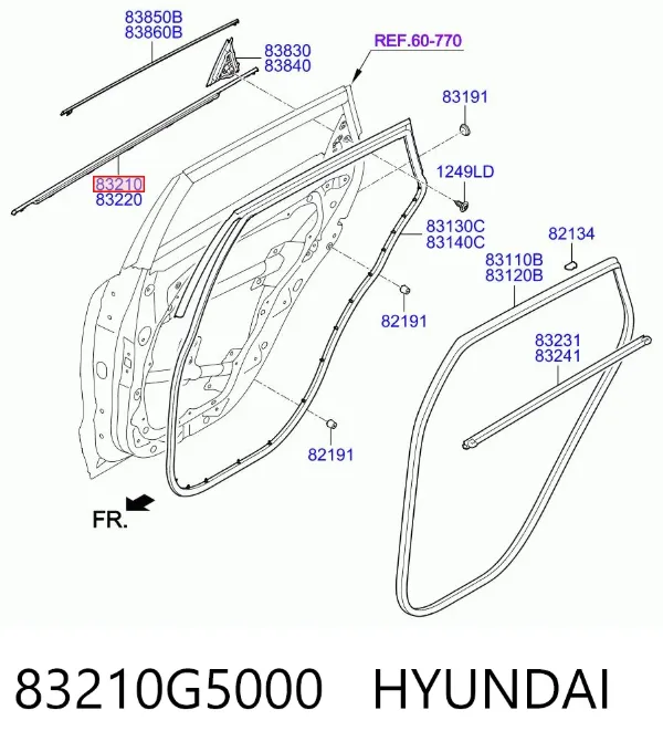 Moldura de cristal de la puerta trasera izquierda 83210G5000 Hyundai/Kia