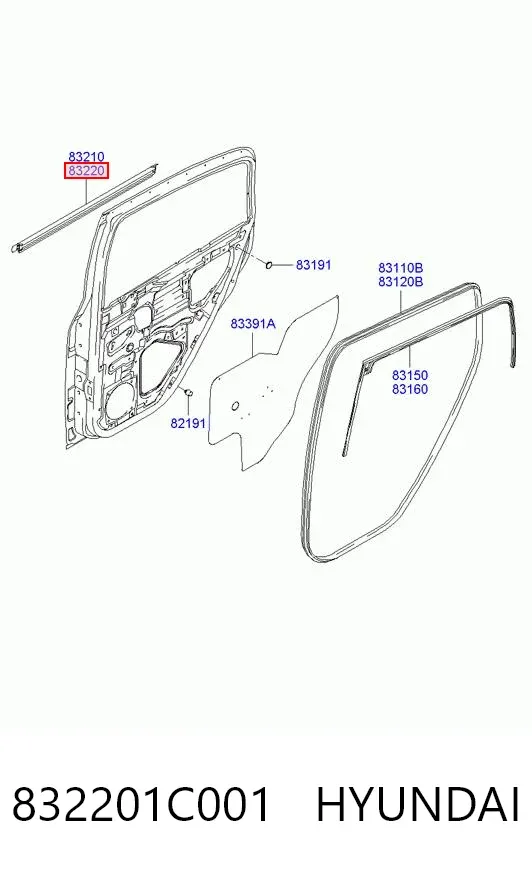 Moldura de cristal de la puerta trasera derecha 832201C001 Hyundai/Kia
