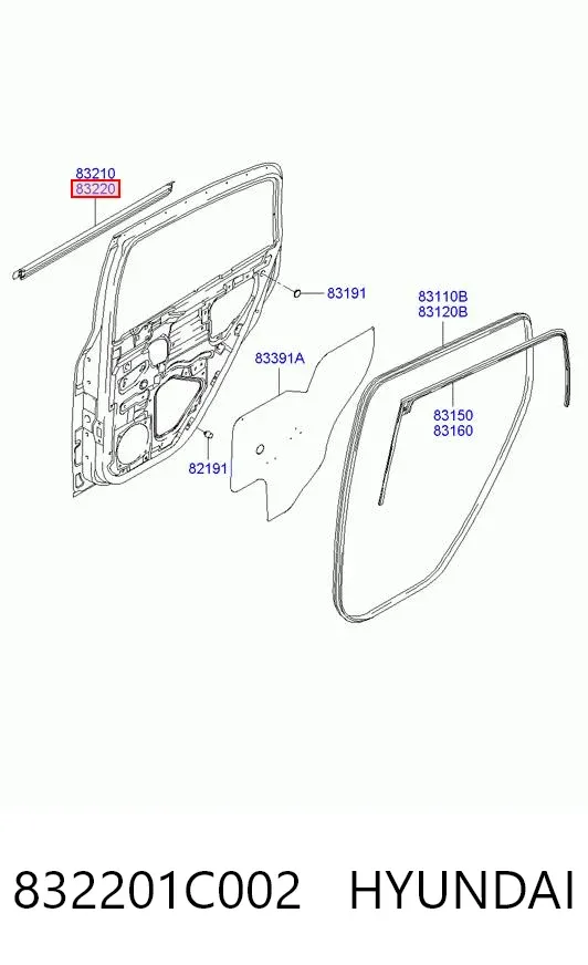 Moldura de cristal de la puerta trasera derecha 832201C002 Hyundai/Kia