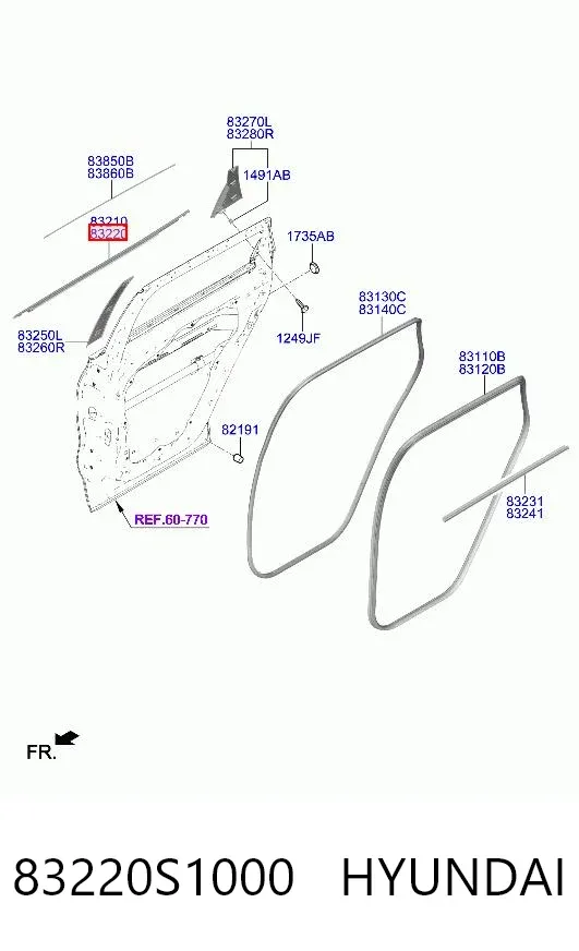 Moldura de cristal de la puerta trasera derecha 83220S1000 Hyundai/Kia
