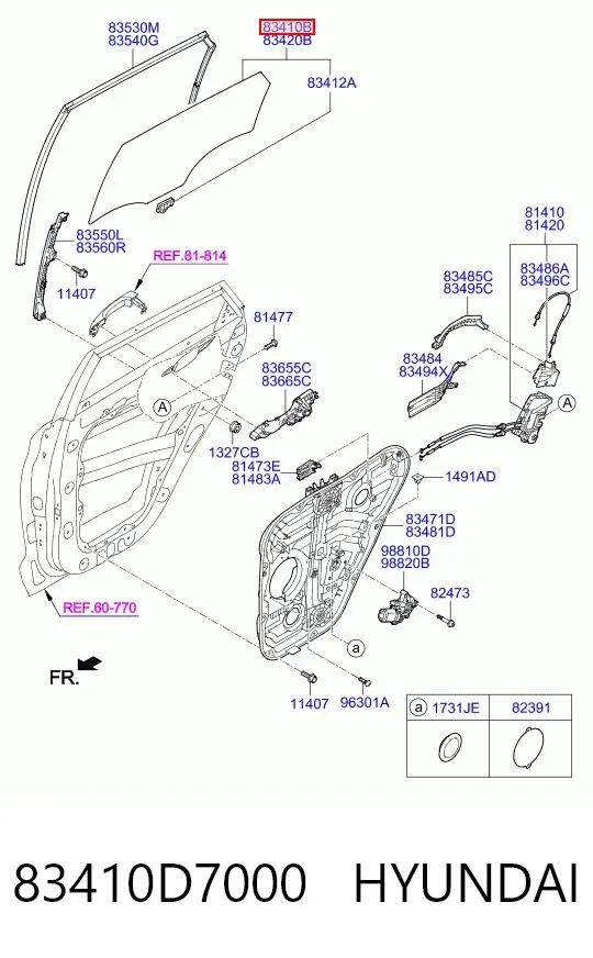 Cristal de puerta trasera izquierda 83410D7000 Hyundai/Kia