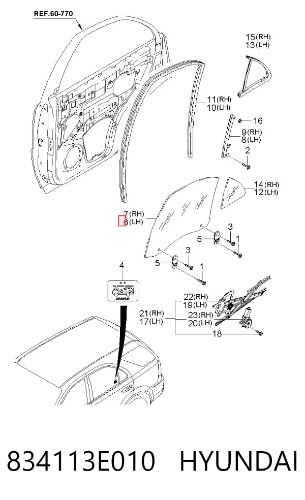 Cristal de puerta trasera izquierda 834113E010 Hyundai/Kia