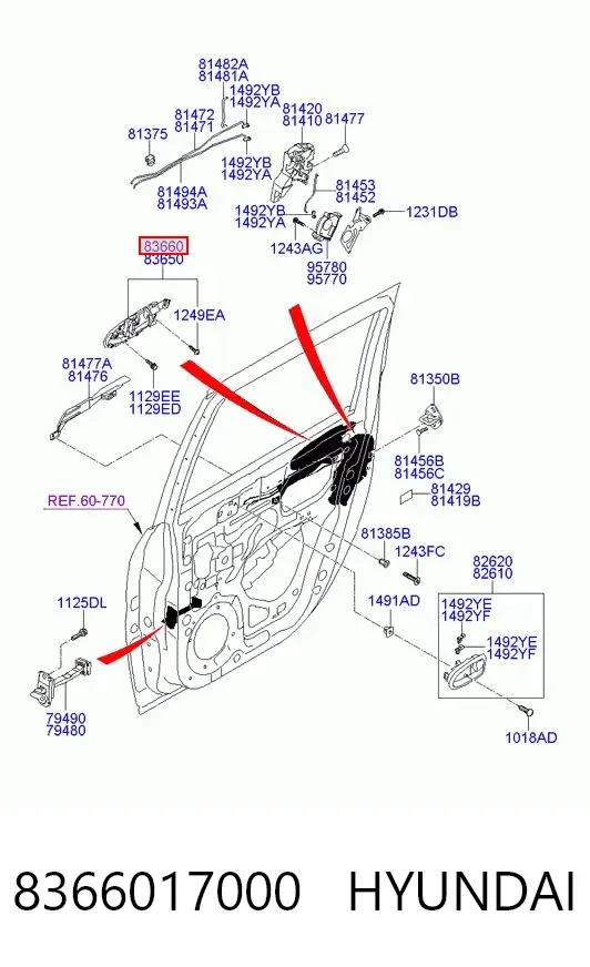 Manija exterior derecha de puerta trasera 8366017000 Hyundai/Kia