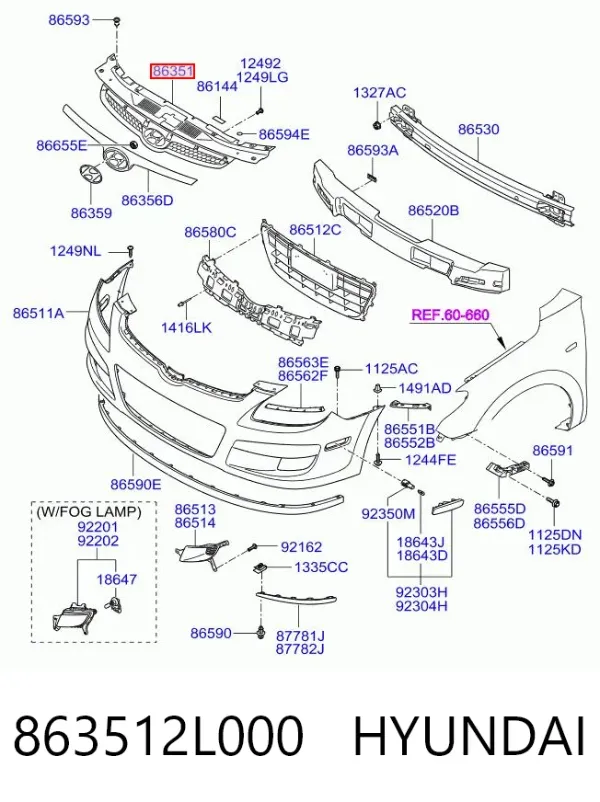 Parrilla 863512L000 Hyundai/Kia