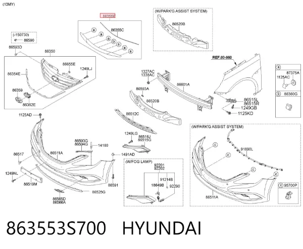 Moldura superior de la parrilla del radiador 863553S700 Hyundai/Kia