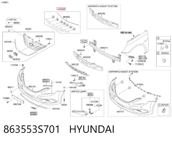 Moldura superior de la parrilla del radiador 863553S701 Hyundai/Kia