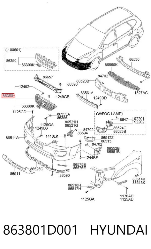 Parrilla 863801D001 Hyundai/Kia