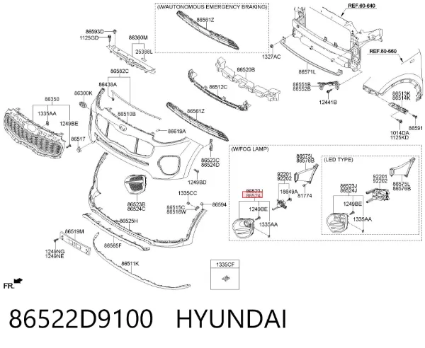 Tapa de rejilla de faro antiniebla delantero derecho 86522D9100 Hyundai/Kia