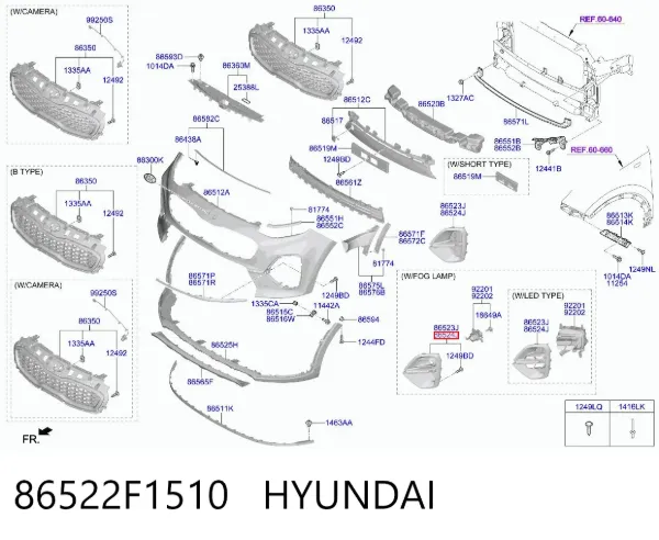 Tapa de rejilla de faro antiniebla delantero derecho 86522F1510 Hyundai/Kia