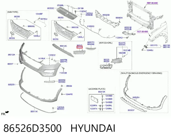 Tapa de rejilla de faro antiniebla delantero derecho 86526D3500 Hyundai/Kia