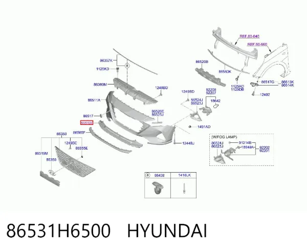 Rejilla del parachoques delantero 86531H6500 Hyundai/Kia