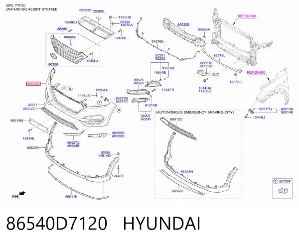 Parachoques delantero, parte superior 86540D7120 Hyundai/Kia