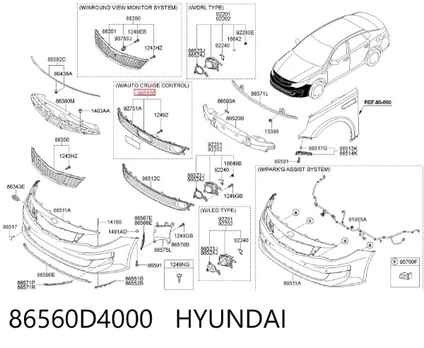 Rejilla inferior del parachoques delantero 86560D4000 Hyundai/Kia