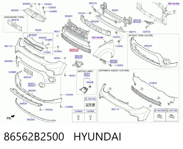 Rejilla inferior del parachoques delantero 86562B2500 Hyundai/Kia