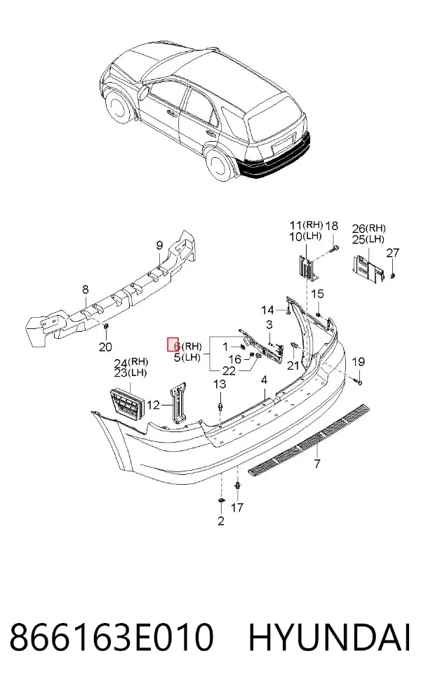 Soporte del parachoques trasero derecho 866163E010 Hyundai/Kia