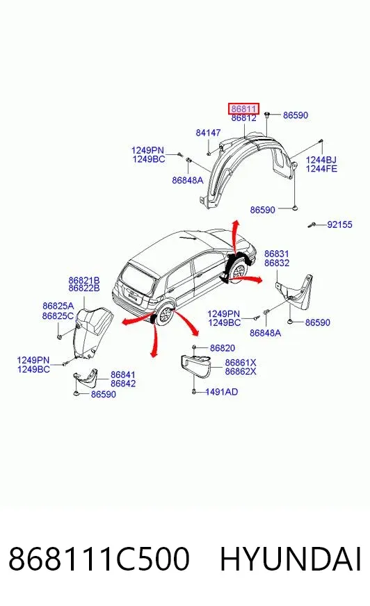 Guardalodos interior izquierdo, guardafango delantero 868111C500 Hyundai/Kia