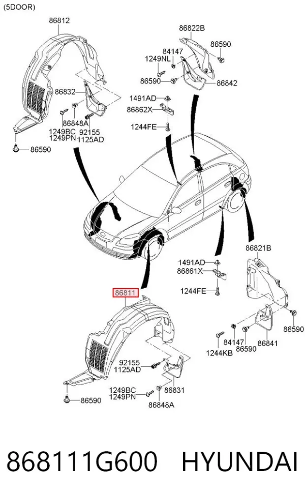 Guardalodos interior izquierdo, guardafango delantero 868111G600 Hyundai/Kia