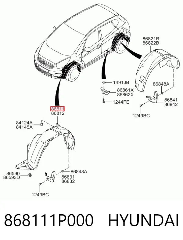 Guardalodos interior izquierdo, guardafango delantero 868111P000 Hyundai/Kia