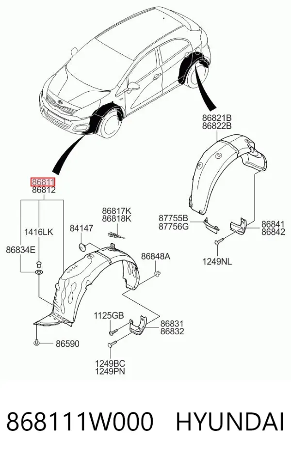 Guardalodos interior izquierdo, guardafango delantero 868111W000 Hyundai/Kia